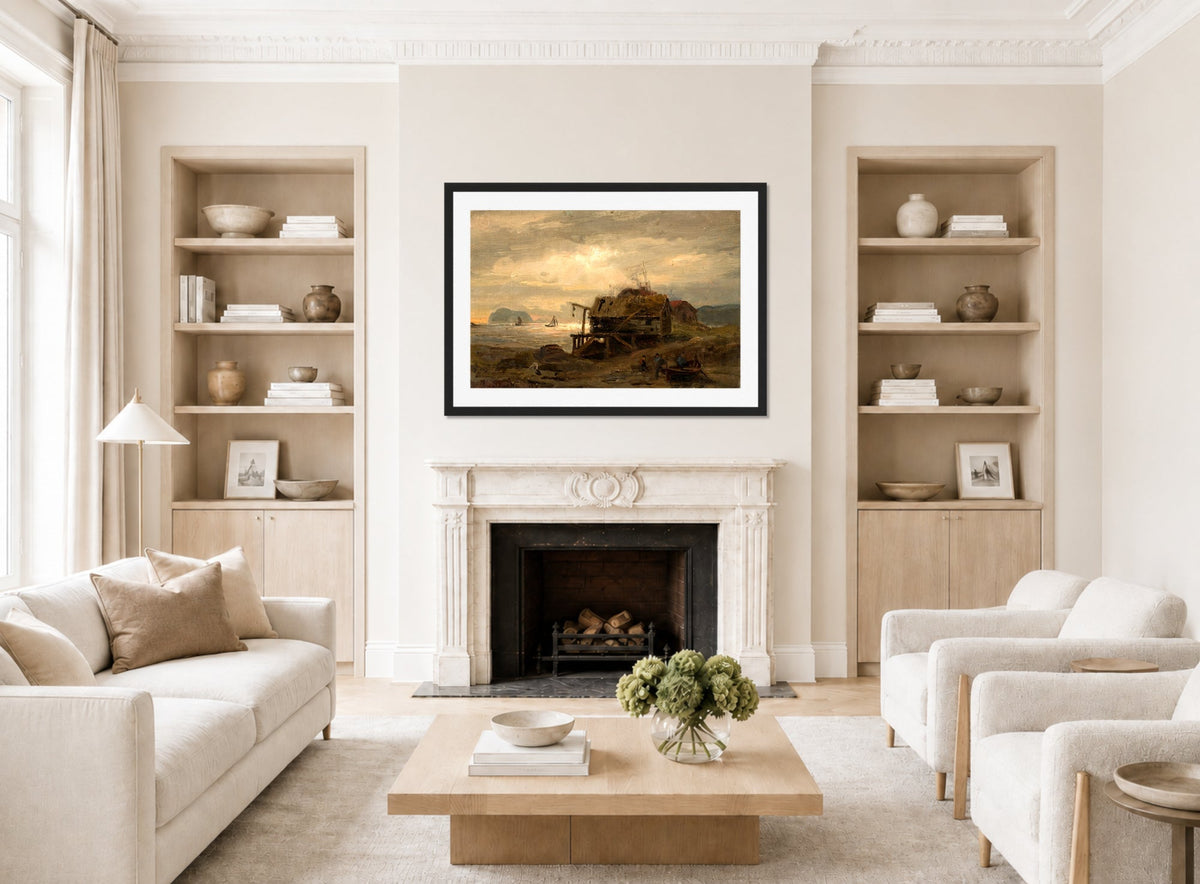 Amaldus Nielsen Print, Fiskerhytter, Kinn (1868) displayed in a Scandinavian living room