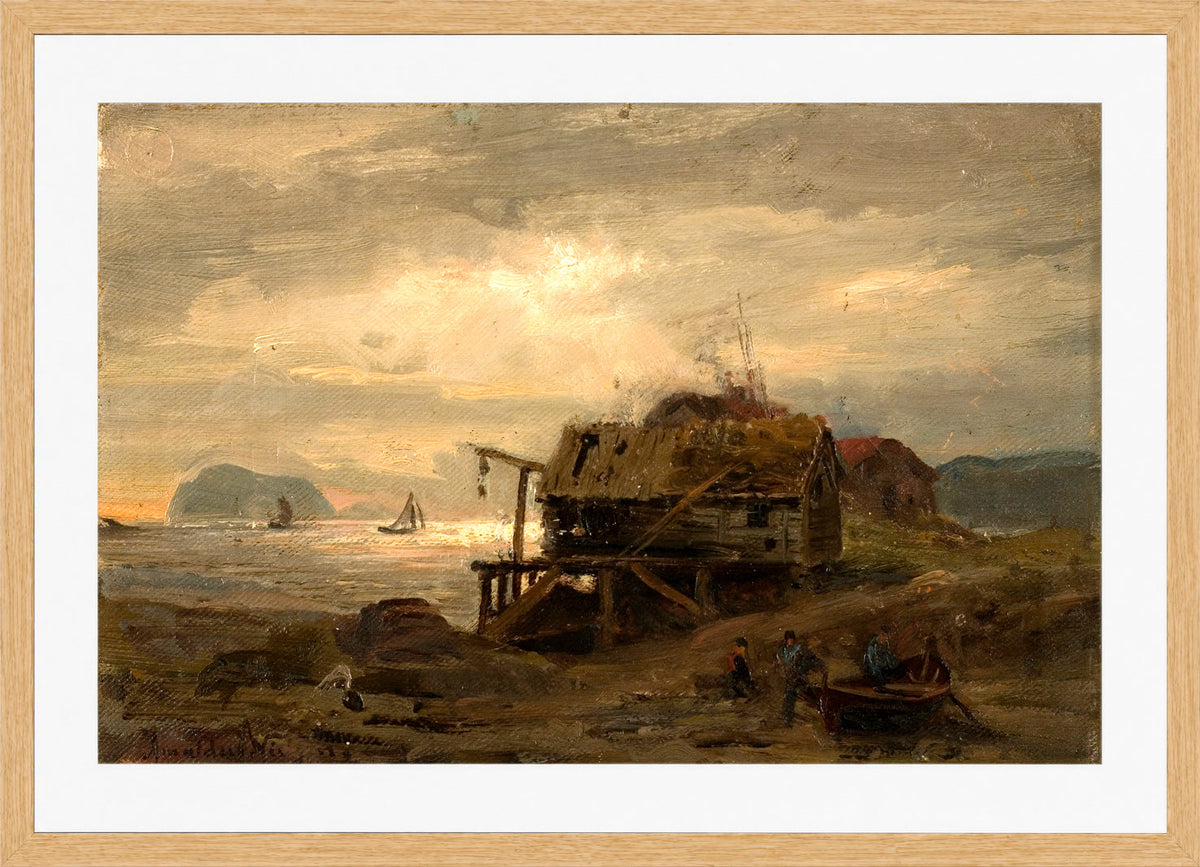 Amaldus Nielsen Print, Fiskerhytter, Kinn (1868) in a light oak frame