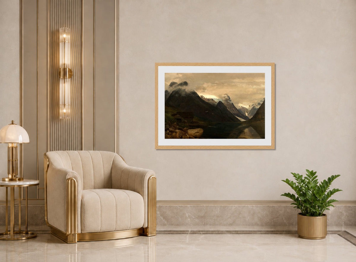 Amaldus Nielsen Print, Fjærlandsfjellene, Sogn (1865) displayed in an Art Deco interior