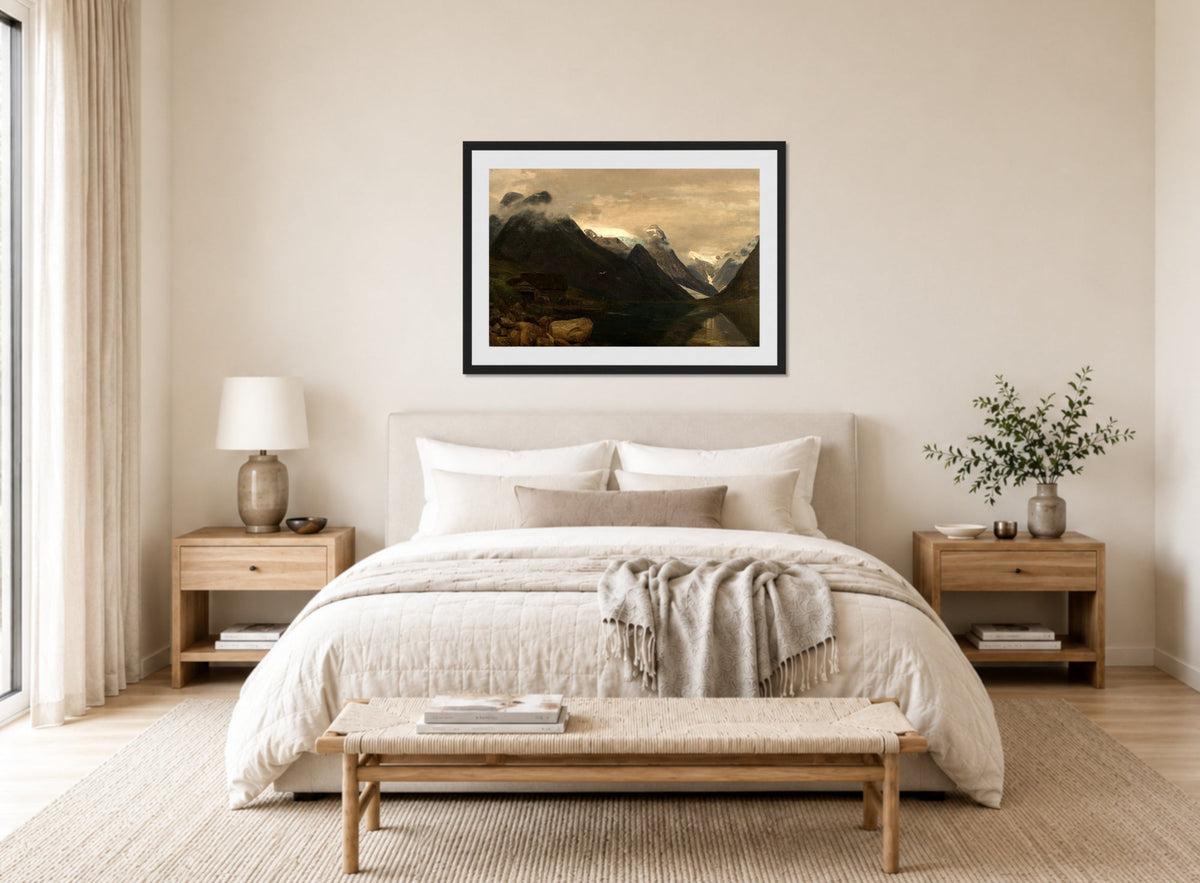 Amaldus Nielsen Print, Fjærlandsfjellene, Sogn (1865) displayed above a bed