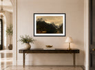 Amaldus Nielsen Print, Fjærlandsfjellene, Sogn (1865) displayed above a console table