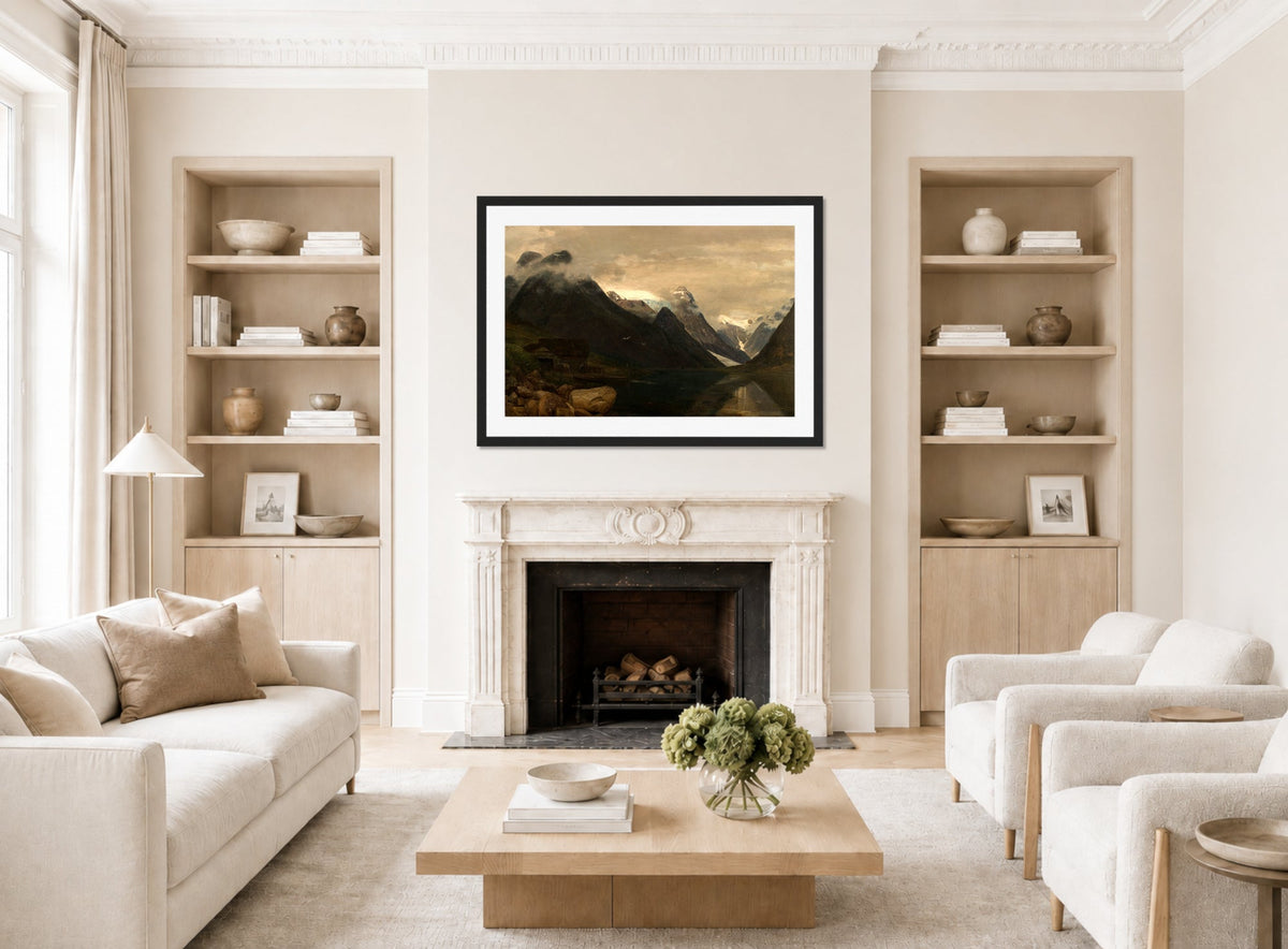 Amaldus Nielsen Print, Fjærlandsfjellene, Sogn (1865) displayed in a Scandinavian living room