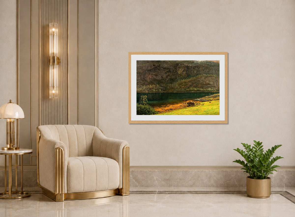 Amaldus Nielsen Print, Fjellvegg,Terøen (1897) displayed in an Art Deco interior