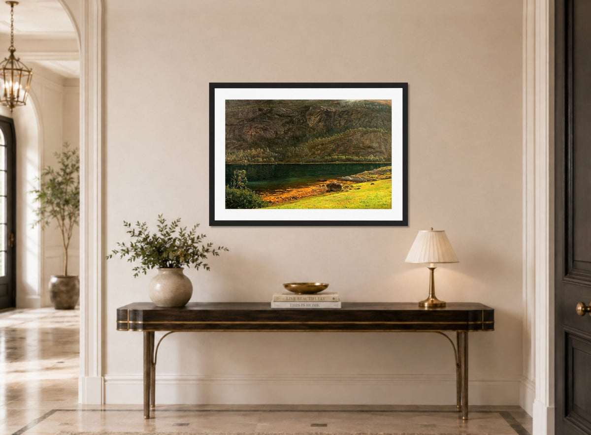 Amaldus Nielsen Print, Fjellvegg,Terøen (1897) displayed above a console table
