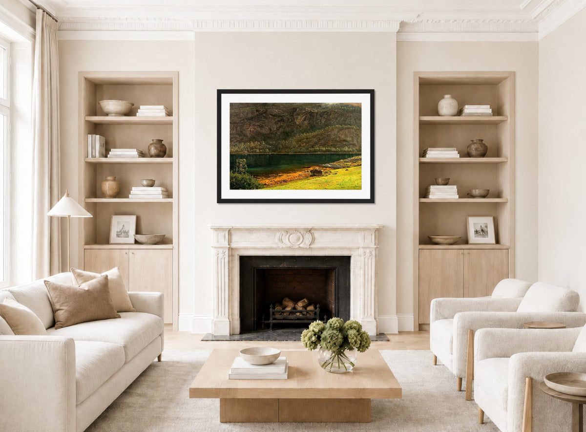 Amaldus Nielsen Print, Fjellvegg,Terøen (1897) displayed in a Scandinavian living room