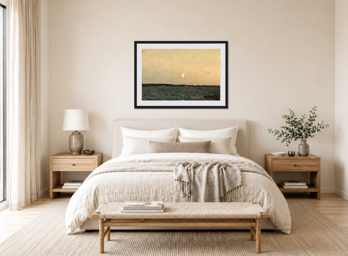 Amaldus Nielsen Print, Fjordstudie (1898) displayed above a bed