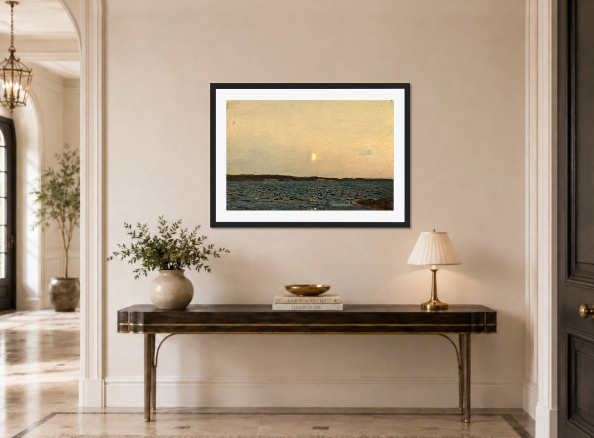 Amaldus Nielsen Print, Fjordstudie (1898) displayed above a console table