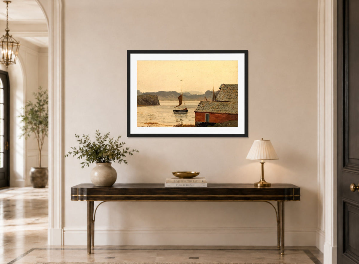 Amaldus Nielsen Print, Fjordstudie displayed above a console table
