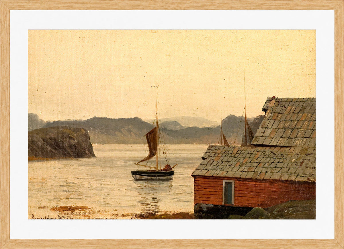 Amaldus Nielsen Print, Fjordstudie in a light oak frame