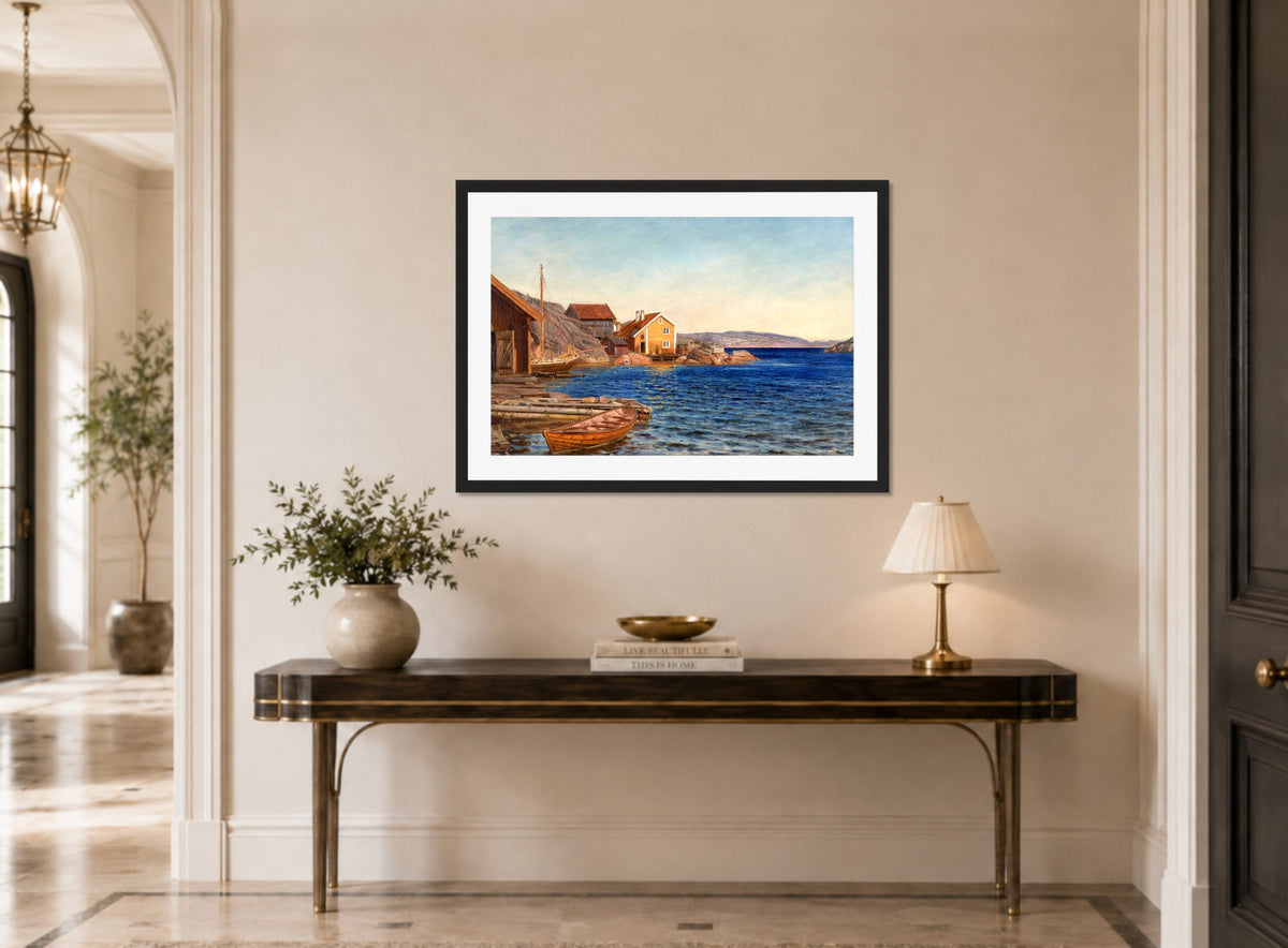 Amaldus Nielsen Print, Formiddag i Ny-Hellesund (1891) displayed above a console table