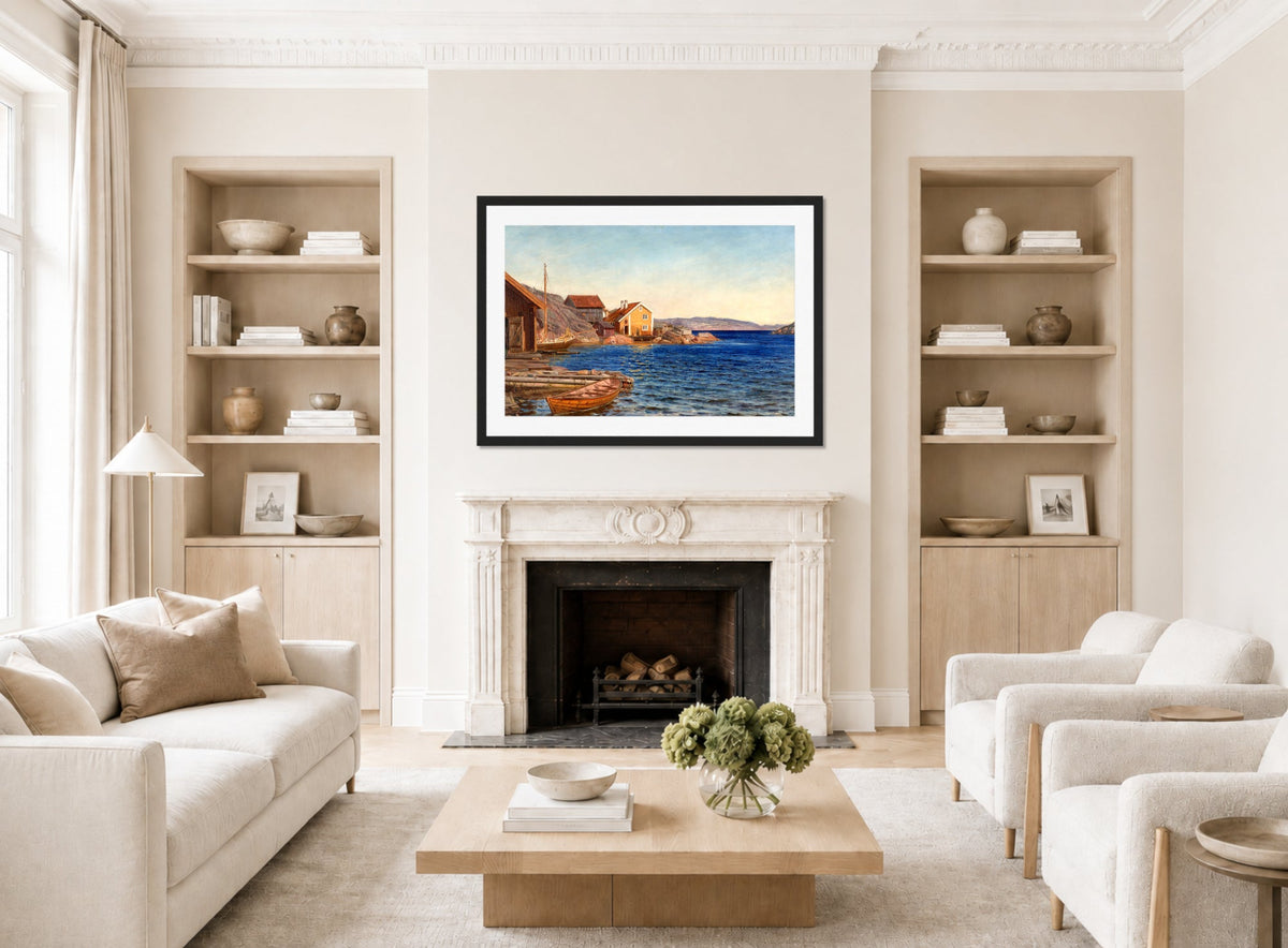 Amaldus Nielsen Print, Formiddag i Ny-Hellesund (1891) displayed in a Scandinavian living room