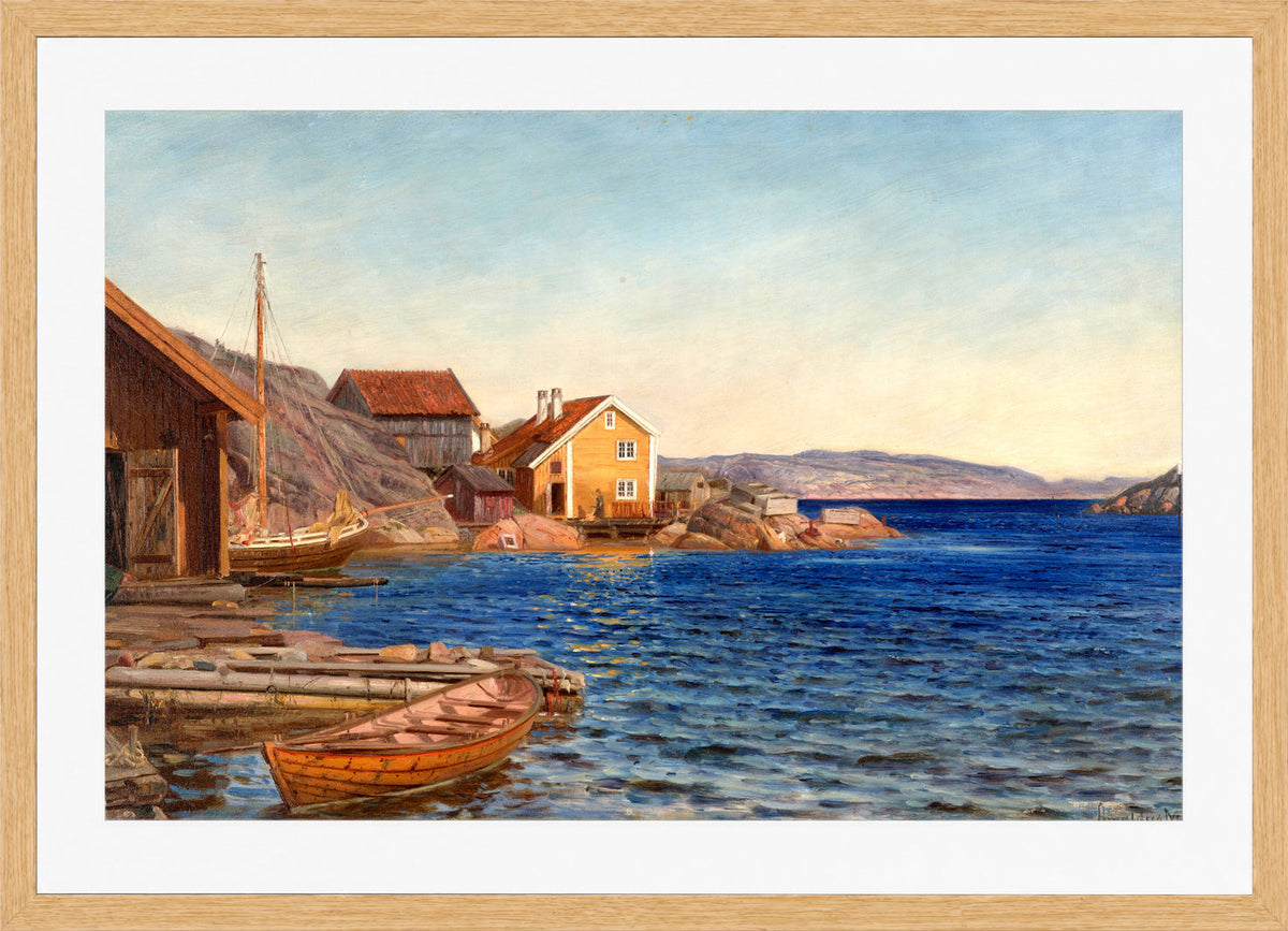 Amaldus Nielsen Print, Formiddag i Ny-Hellesund (1891) in a light oak frame