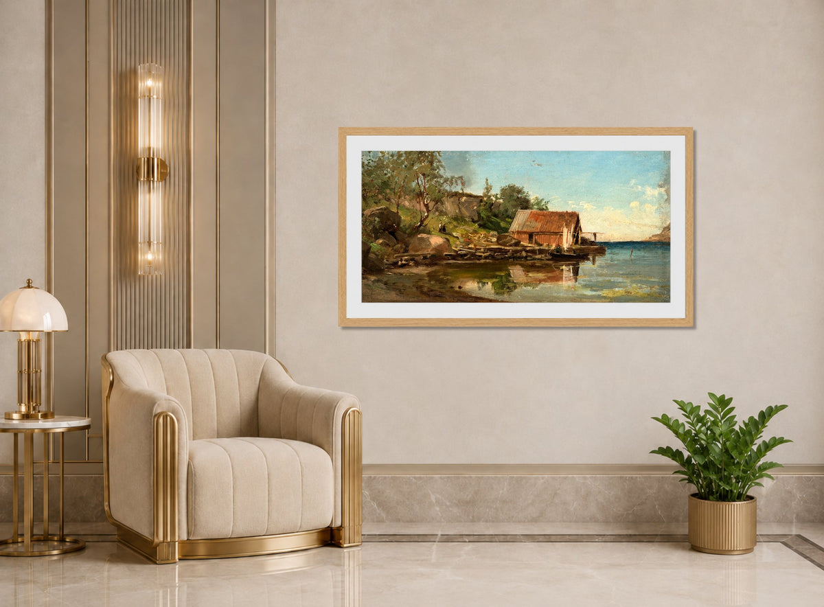 Amaldus Nielsen Print, Fra Aaviken (1858) displayed in an Art Deco interior