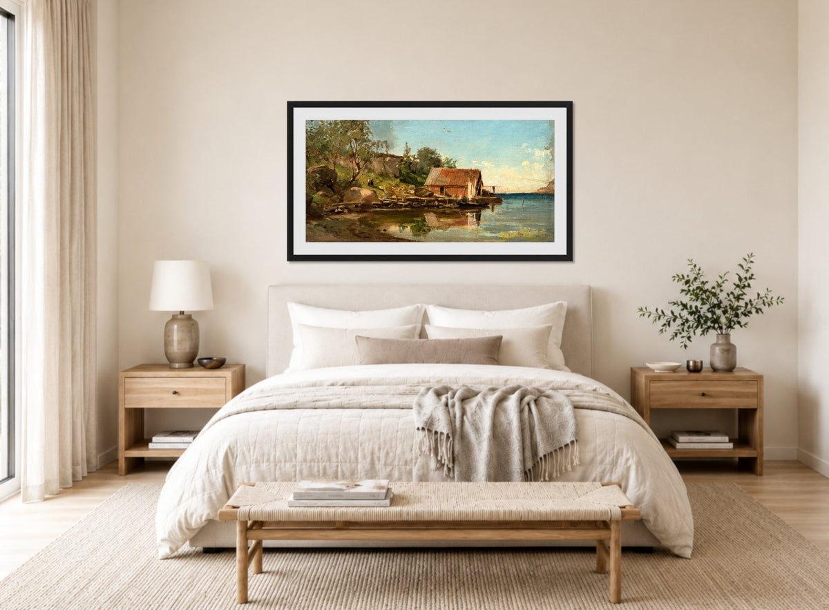 Amaldus Nielsen Print, Fra Aaviken (1858) displayed above a bed