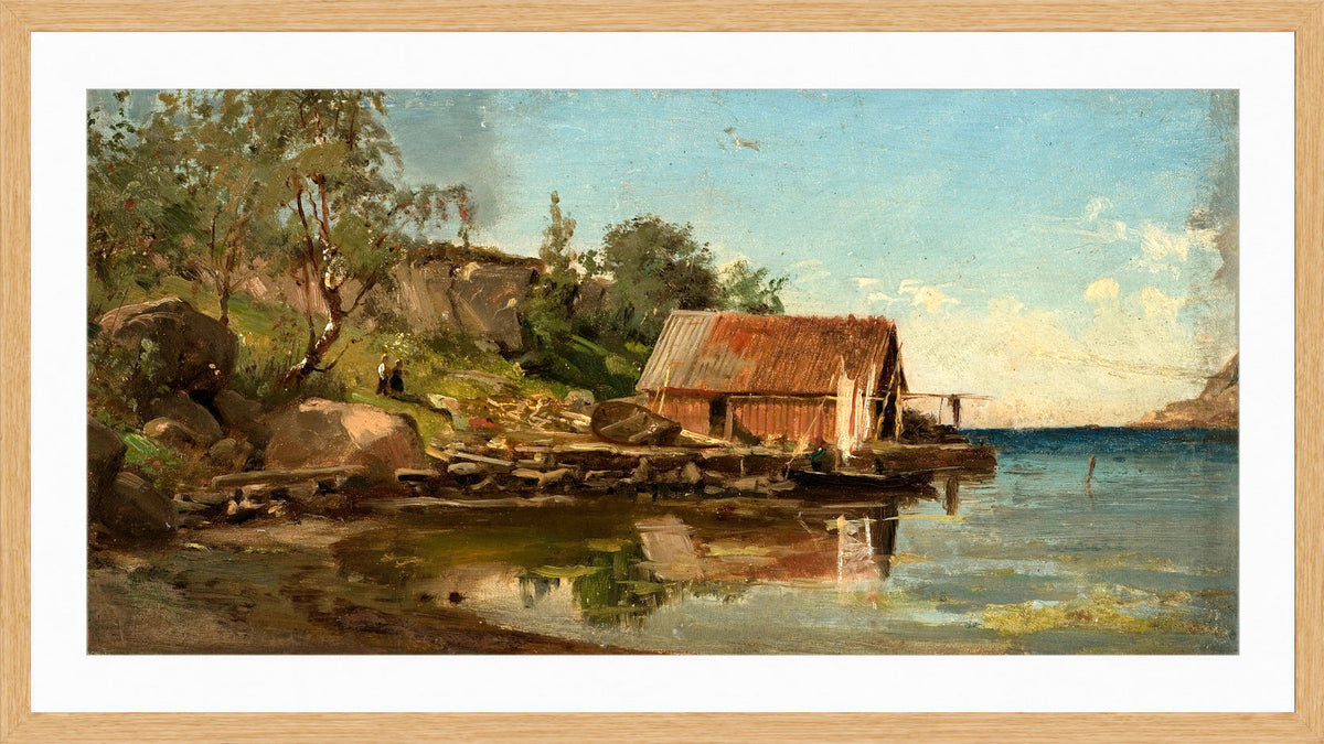 Amaldus Nielsen Print, Fra Aaviken (1858) in a light oak frame