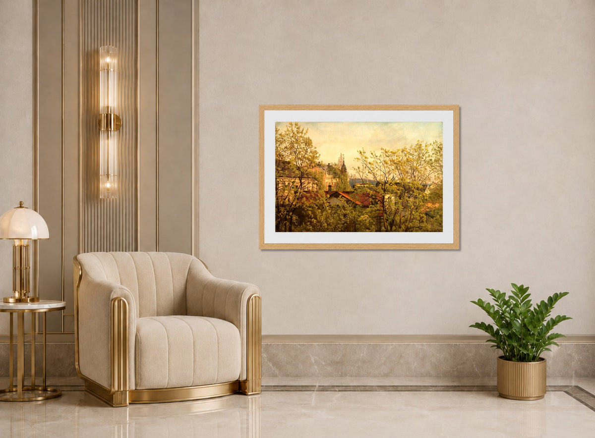 Amaldus Nielsen Print, Fra ateliervinduet i mai, Majorstuveien 8 (1913) displayed in an Art Deco interior