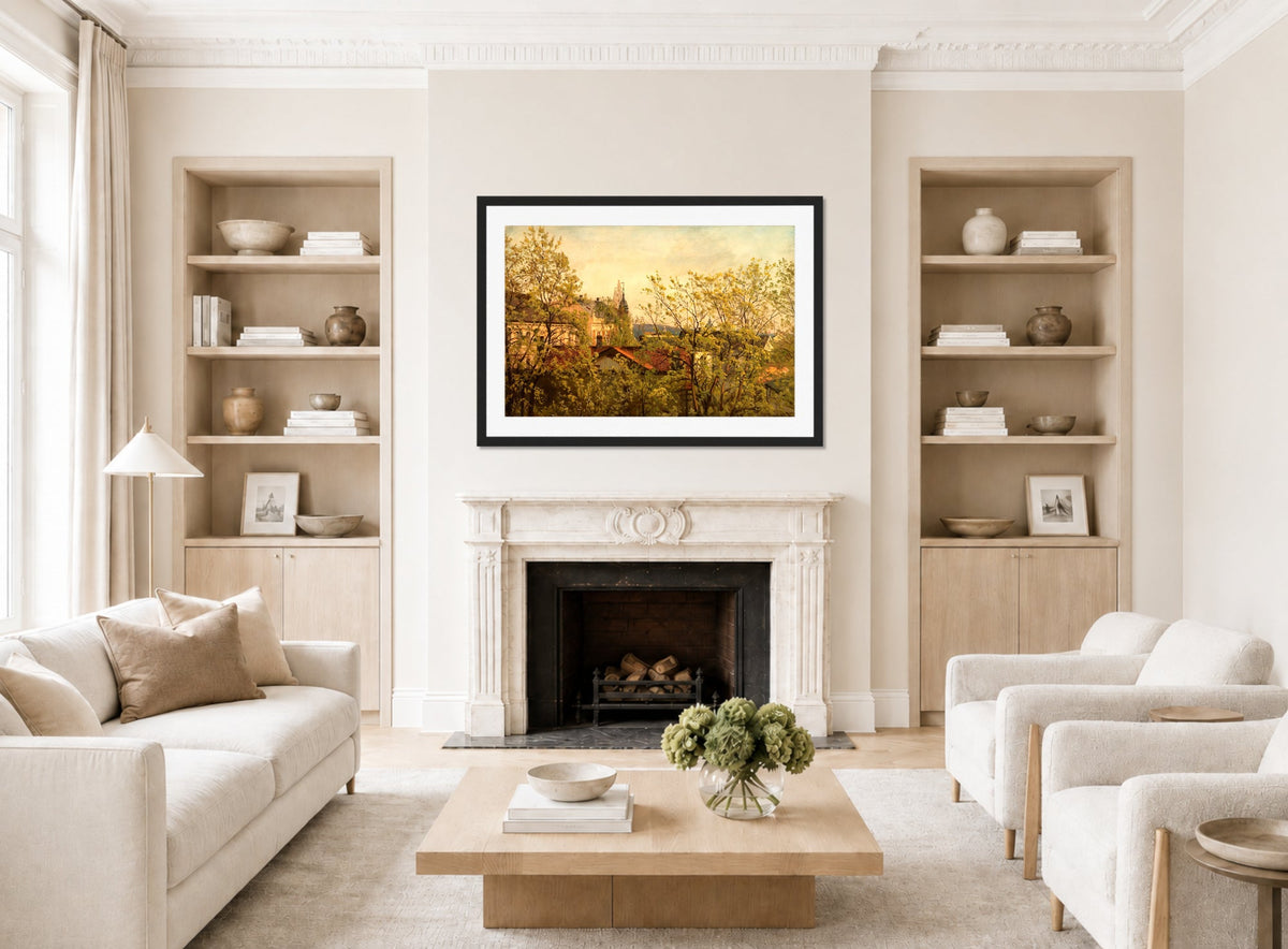 Amaldus Nielsen Print, Fra ateliervinduet i mai, Majorstuveien 8 (1913) displayed in a Scandinavian living room