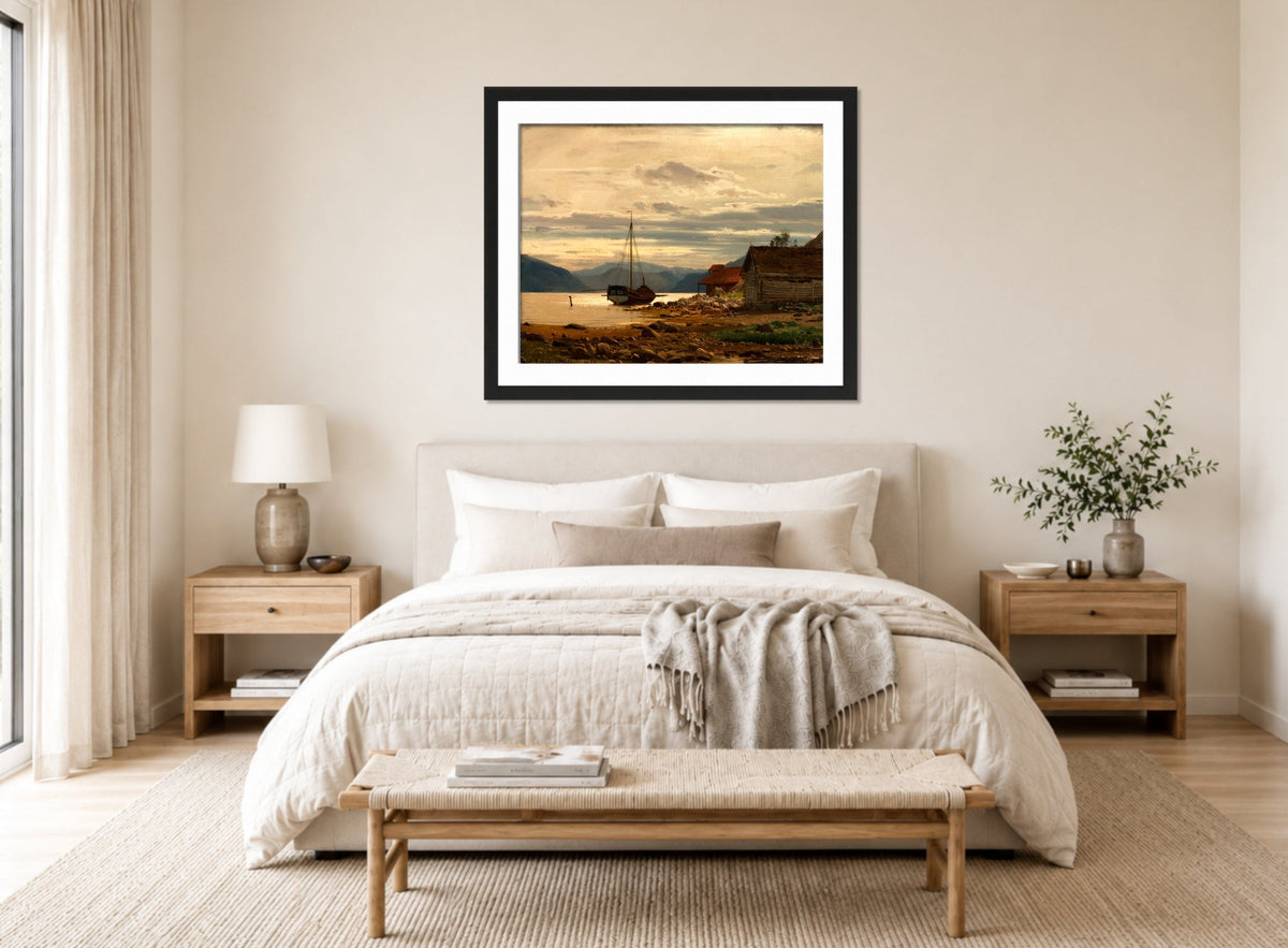 Amaldus Nielsen Print, Fra Balestrand (1866) displayed above a bed