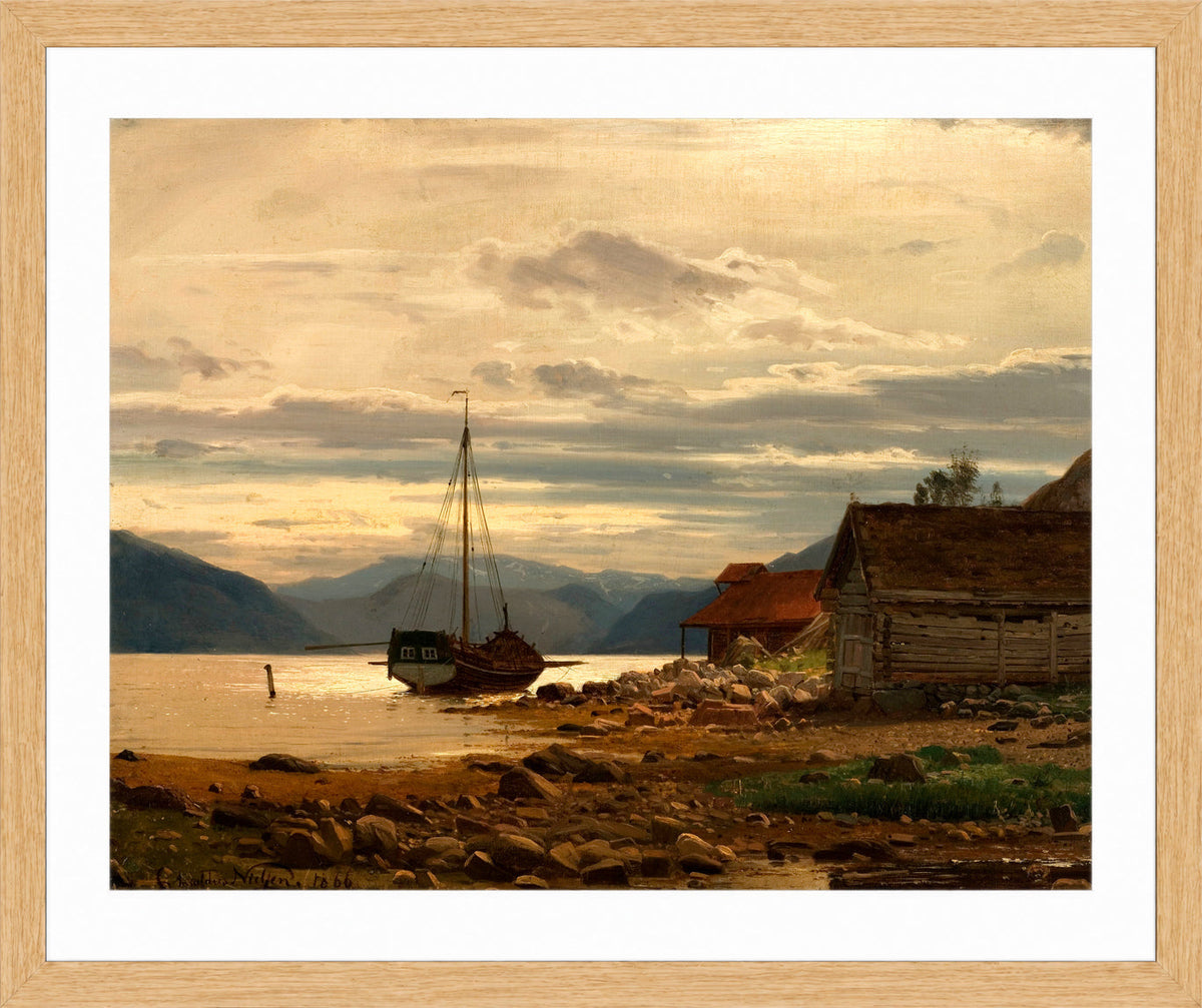 Amaldus Nielsen Print, Fra Balestrand (1866) in a light oak frame