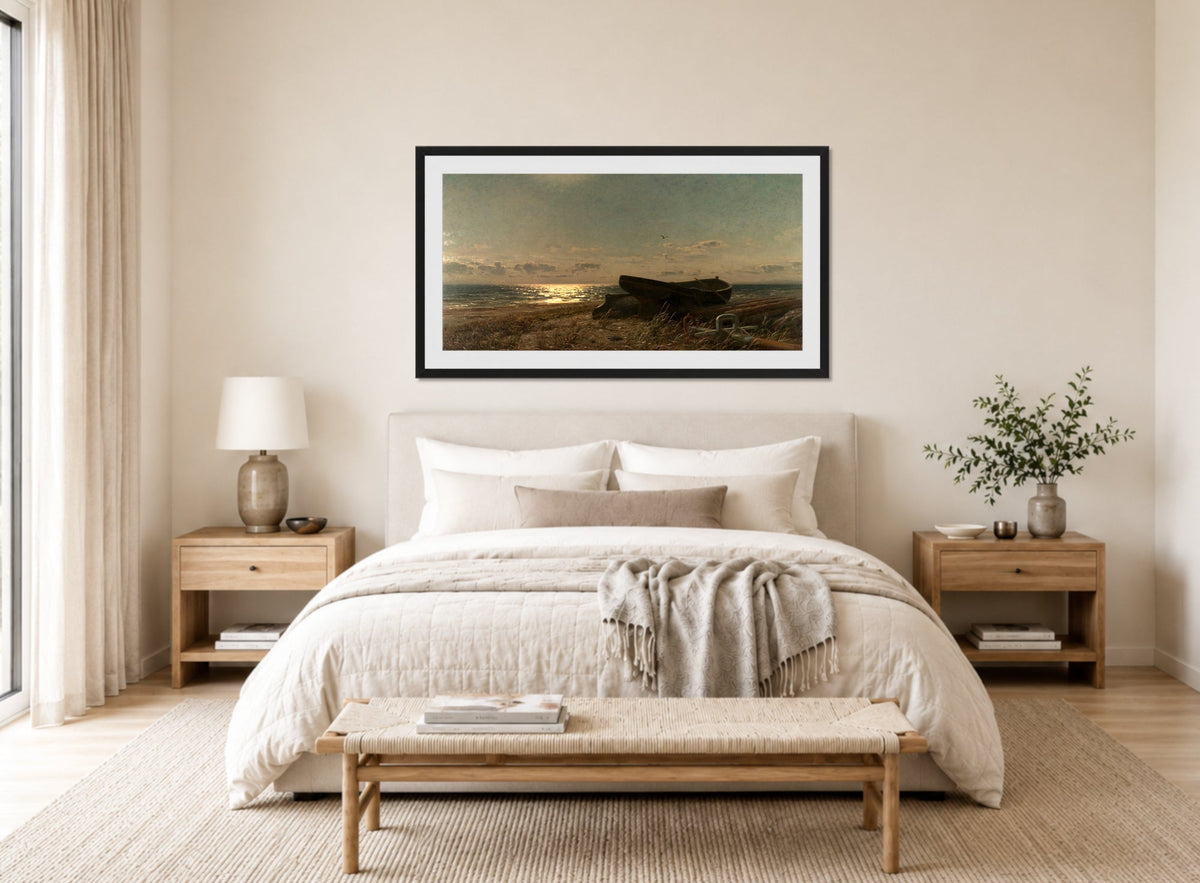 Amaldus Nielsen Print, Fra Bjarke (1905) displayed above a bed