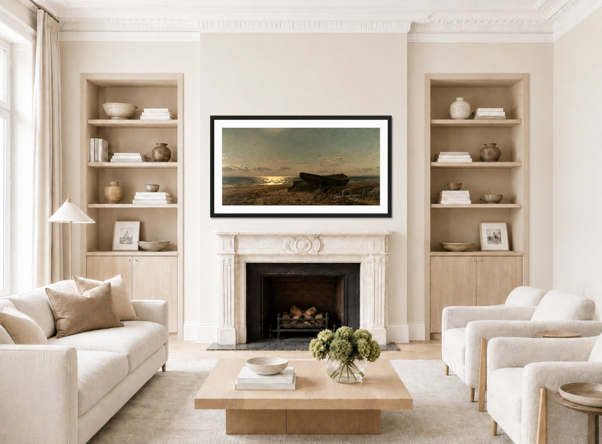 Amaldus Nielsen Print, Fra Bjarke (1905) displayed in a Scandinavian living room