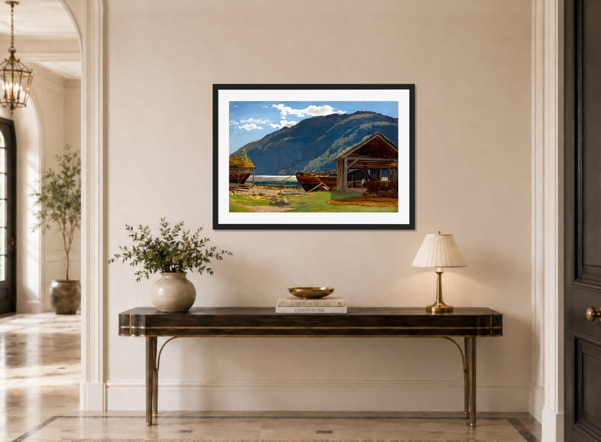 Amaldus Nielsen Print, Fra Eide, Hardanger (1865) displayed above a console table