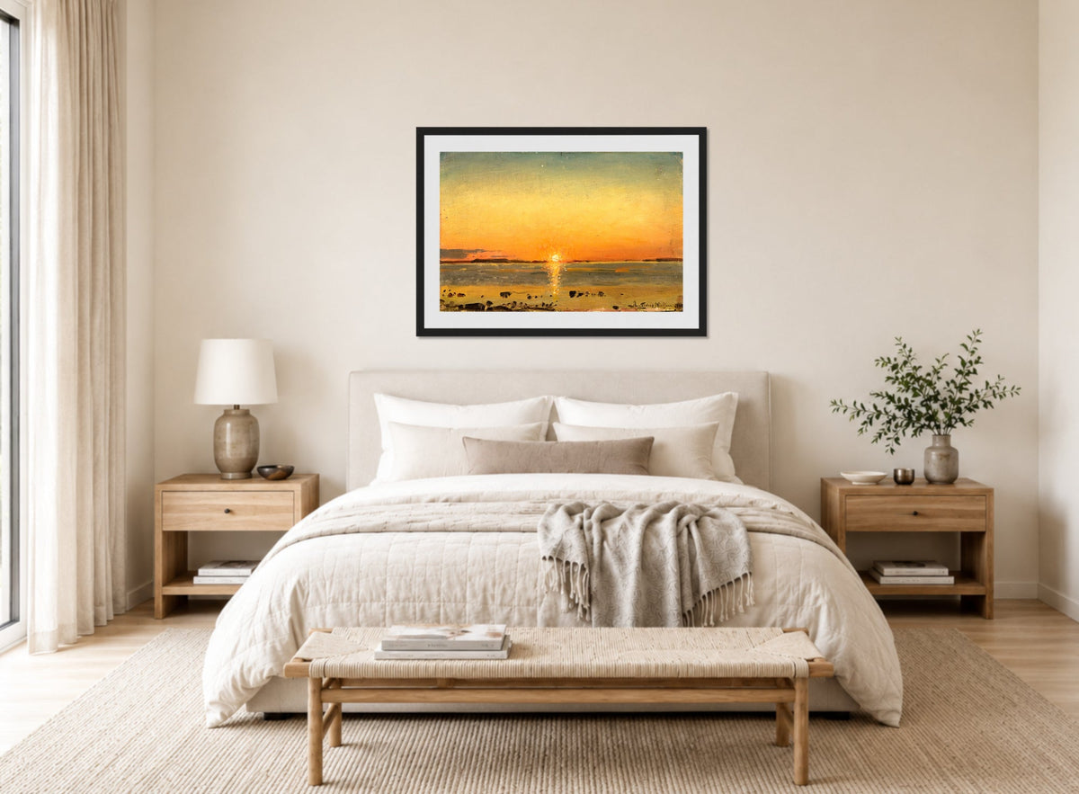Amaldus Nielsen Print, Fra Eidem, Aafjord (1908) displayed above a bed