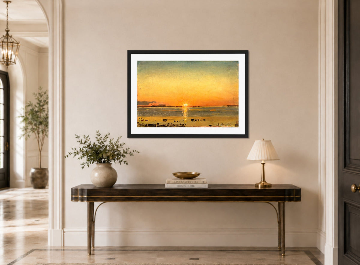 Amaldus Nielsen Print, Fra Eidem, Aafjord (1908) displayed above a console table