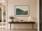 Amaldus Nielsen Print, Fra Fjærland (1877) displayed above a console table