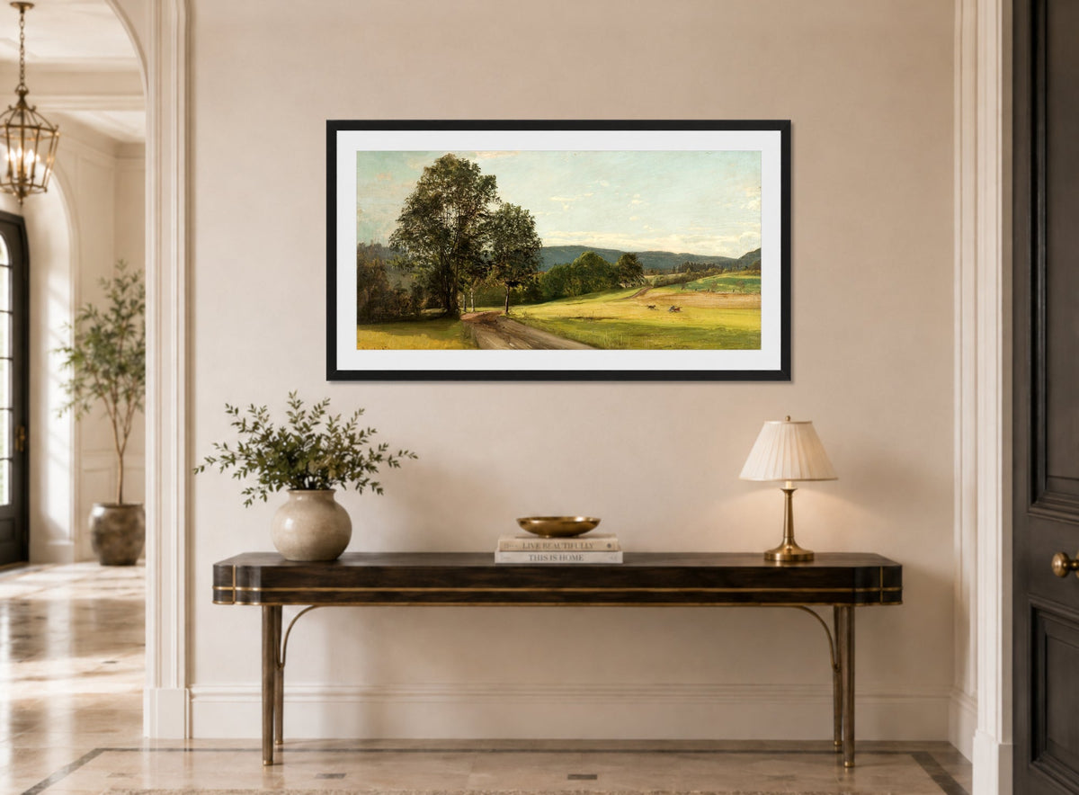 Amaldus Nielsen Print, Fra Frøen, Vestre Aker (1872) displayed above a console table