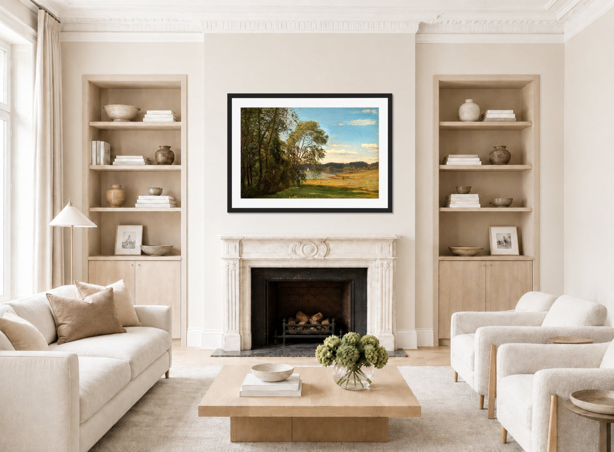 Amaldus Nielsen Print, Fra Frognerkilen (1866) displayed in a Scandinavian living room