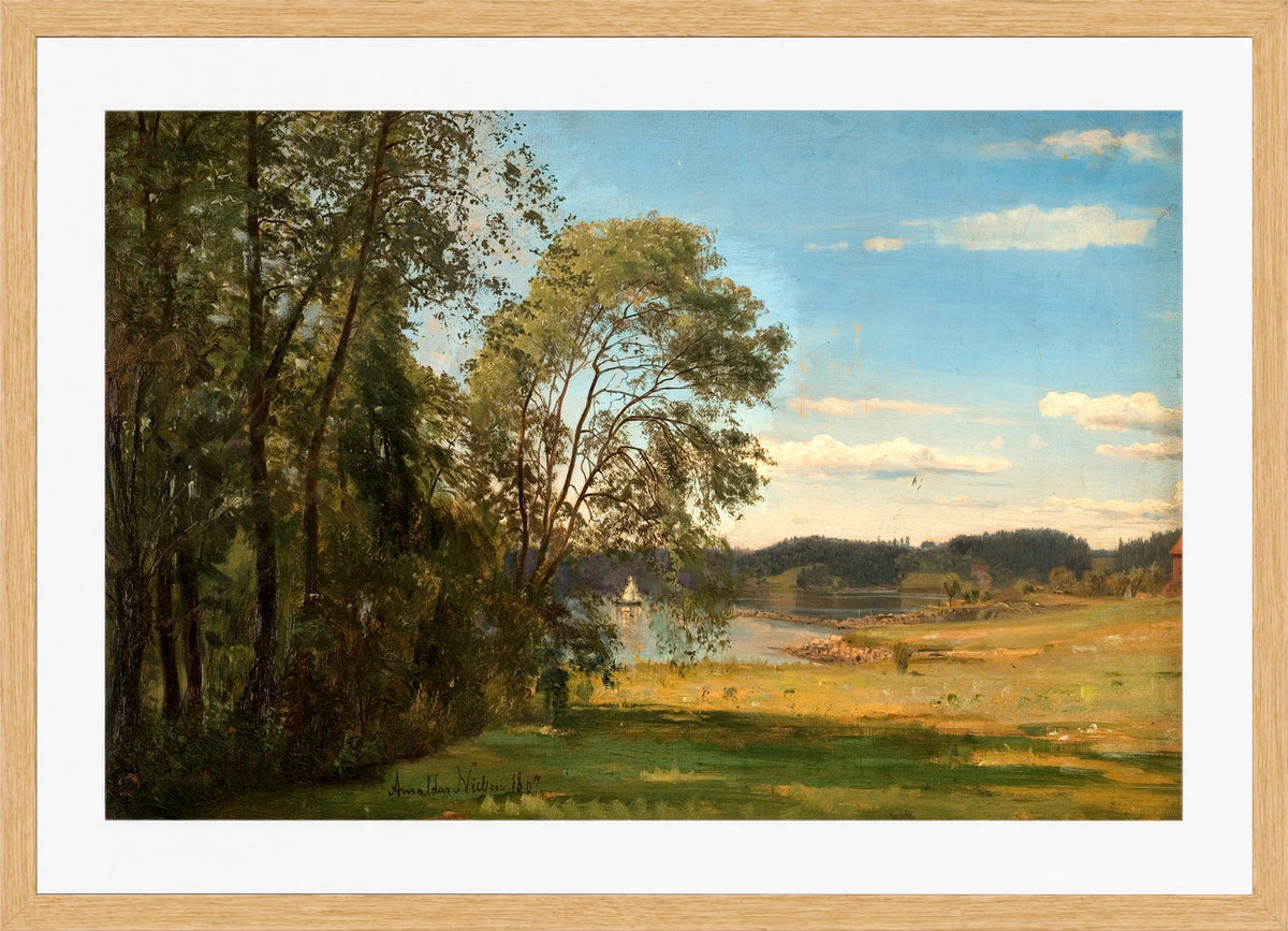 Amaldus Nielsen Print, Fra Frognerkilen (1866) in a light oak frame