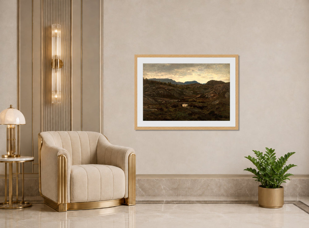 Amaldus Nielsen Print, Fra heiene ved Aafjord (1908) displayed in an Art Deco interior