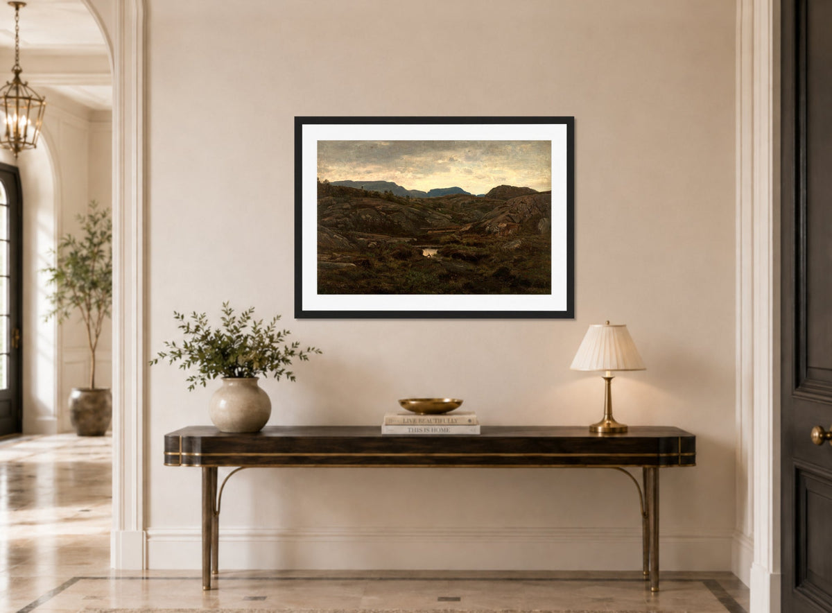 Amaldus Nielsen Print, Fra heiene ved Aafjord (1908) displayed above a console table