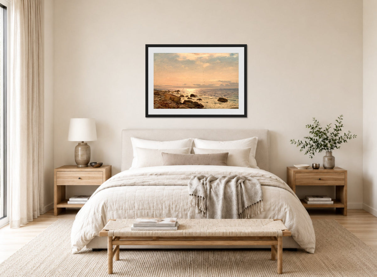 Amaldus Nielsen Print, Fra Hodne, Jæren (1892) displayed above a bed