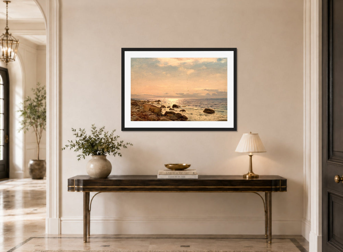 Amaldus Nielsen Print, Fra Hodne, Jæren (1892) displayed above a console table