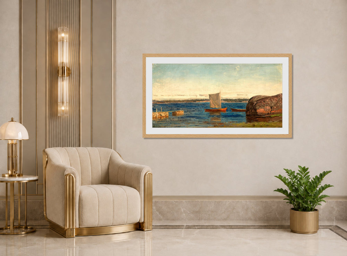 Amaldus Nielsen Print, Fra Hvaler (1896) displayed in an Art Deco interior