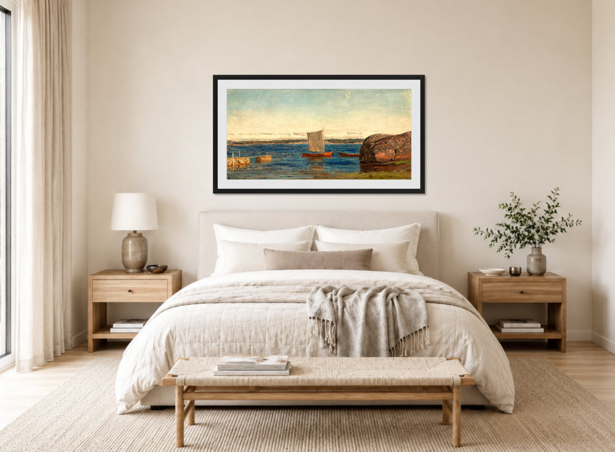 Amaldus Nielsen Print, Fra Hvaler (1896) displayed above a bed