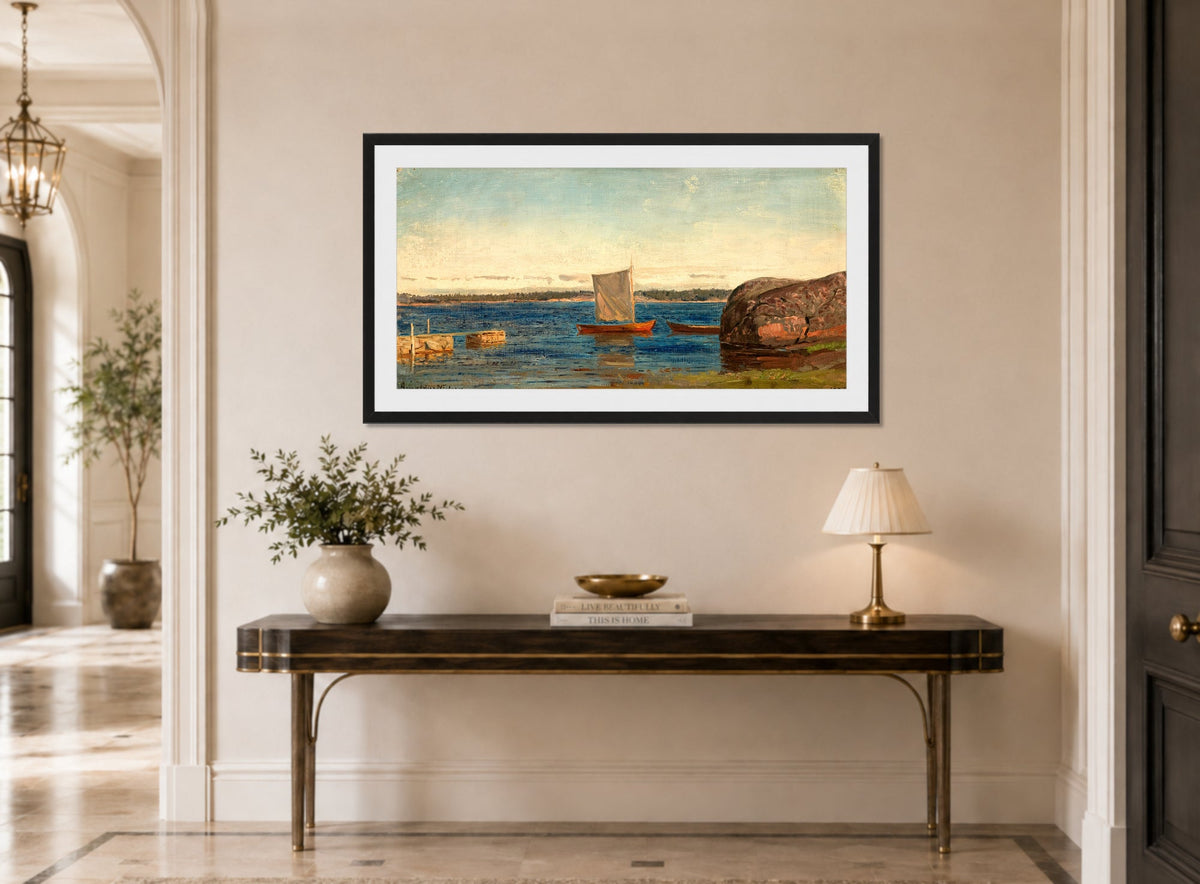 Amaldus Nielsen Print, Fra Hvaler (1896) displayed above a console table