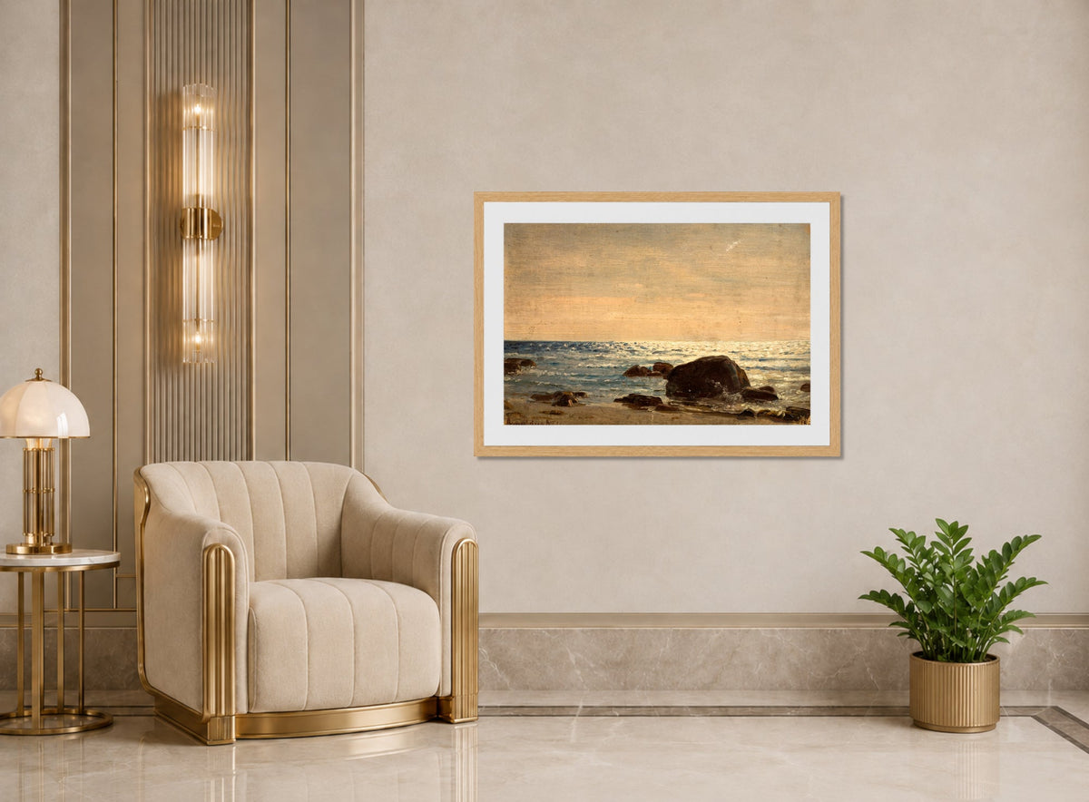 Amaldus Nielsen Print, Fra Jæren (1892) displayed in an Art Deco interior