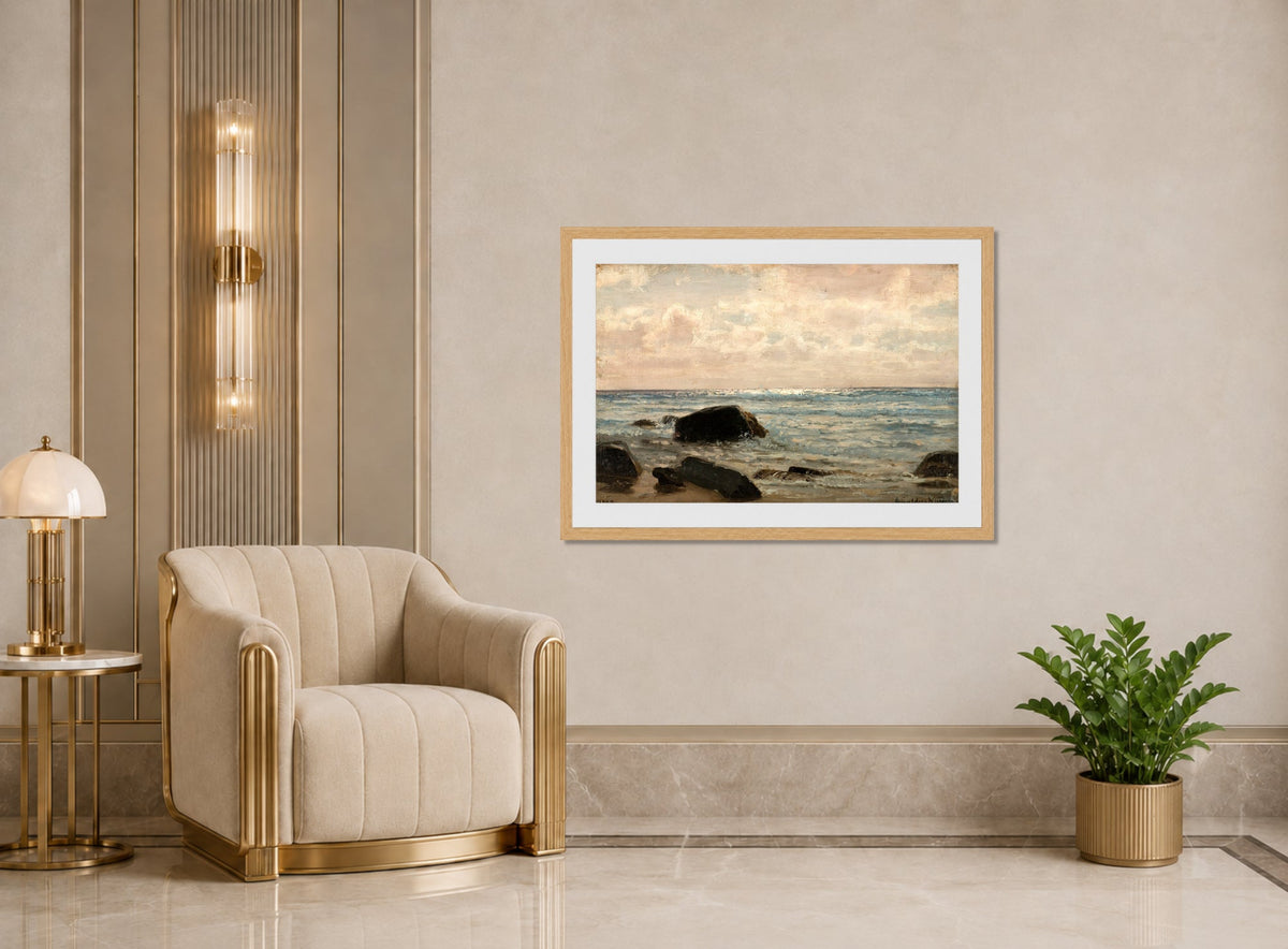 Amaldus Nielsen Print, Fra Jæren (1892) displayed in an Art Deco interior