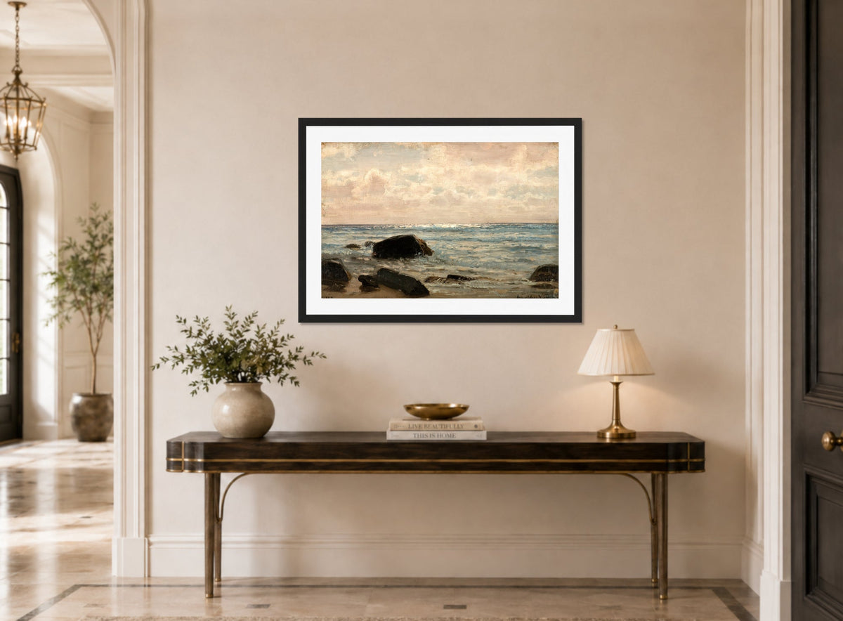 Amaldus Nielsen Print, Fra Jæren (1892) displayed above a console table