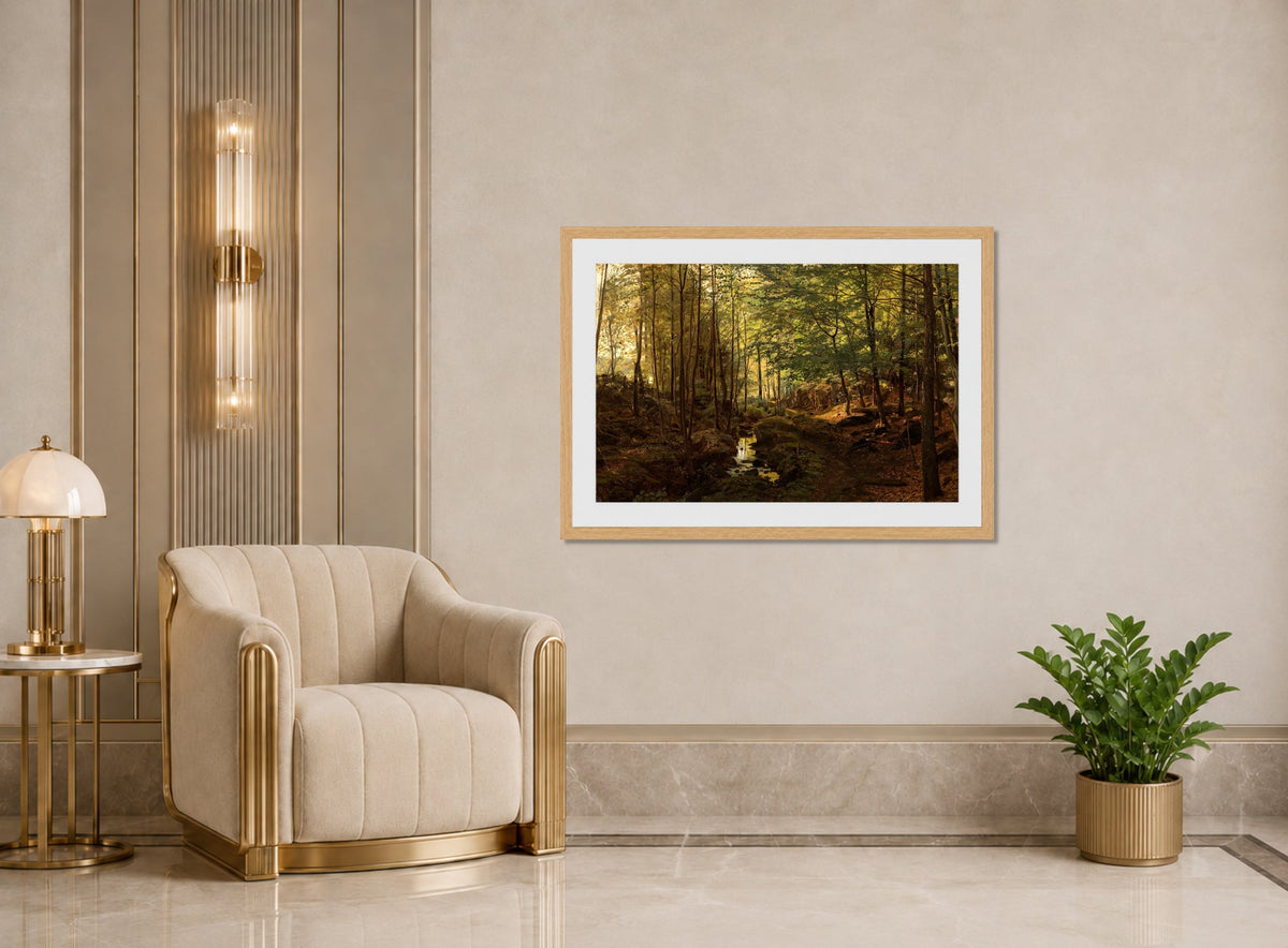 Amaldus Nielsen Print, Fra Linadalen, Mandal (1890) displayed in an Art Deco interior
