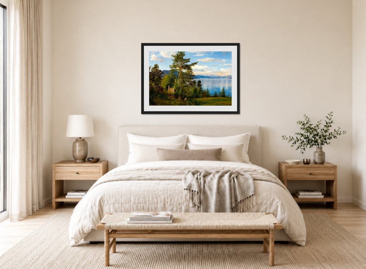 Amaldus Nielsen Print, Fra Ænes, Kvinnherred (1864) displayed above a bed