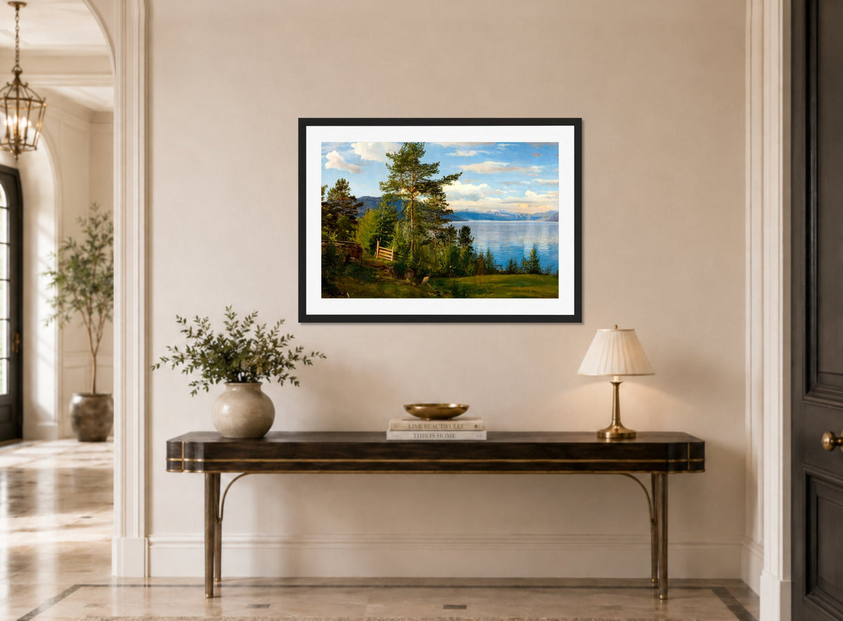 Amaldus Nielsen Print, Fra Ænes, Kvinnherred (1864) displayed above a console table