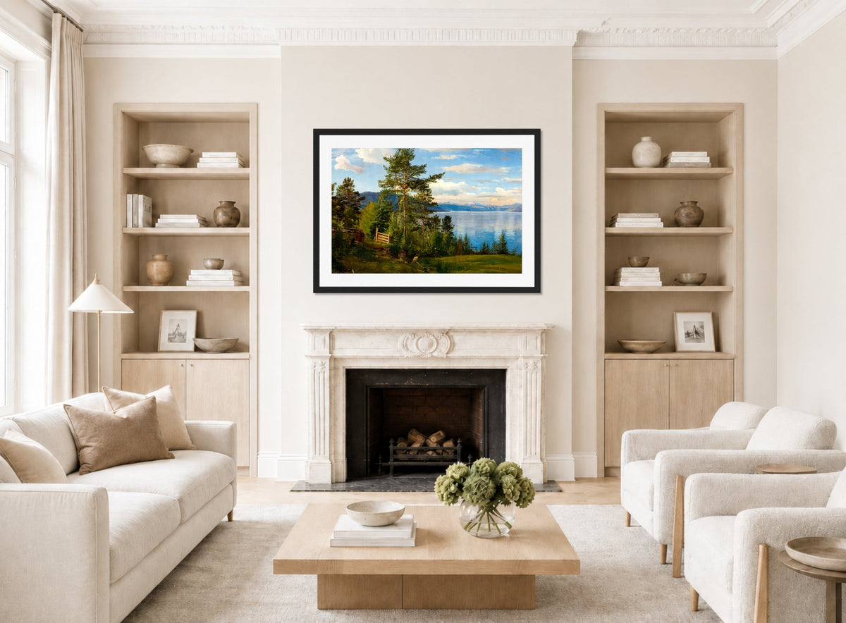 Amaldus Nielsen Print, Fra Ænes, Kvinnherred (1864) displayed in a Scandinavian living room