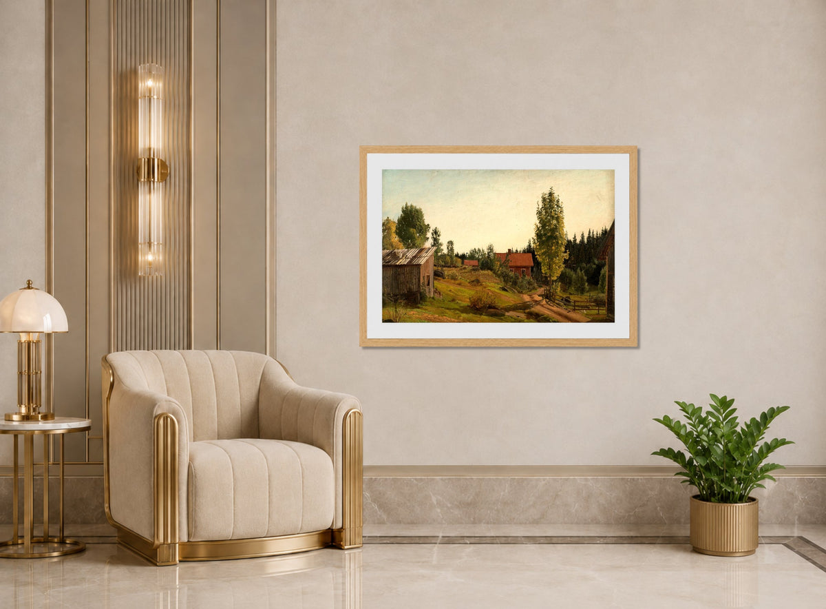 Amaldus Nielsen Print, Fra Oklungen, Porsgrund (1889) displayed in an Art Deco interior