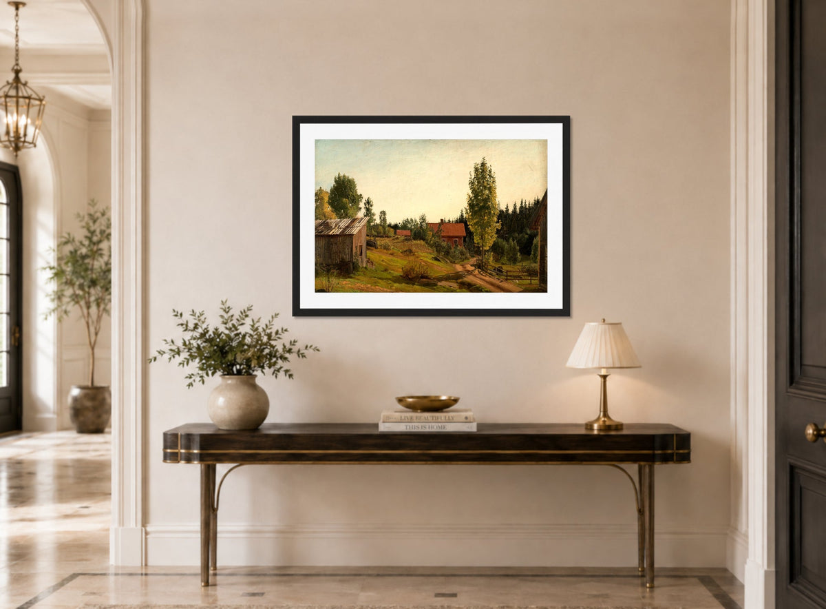 Amaldus Nielsen Print, Fra Oklungen, Porsgrund (1889) displayed above a console table