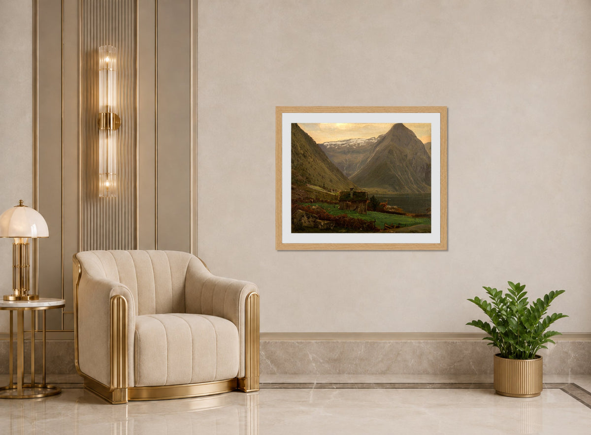 Amaldus Nielsen Print, Fra Æsefjord, Balestrand (1865) displayed in an Art Deco interior