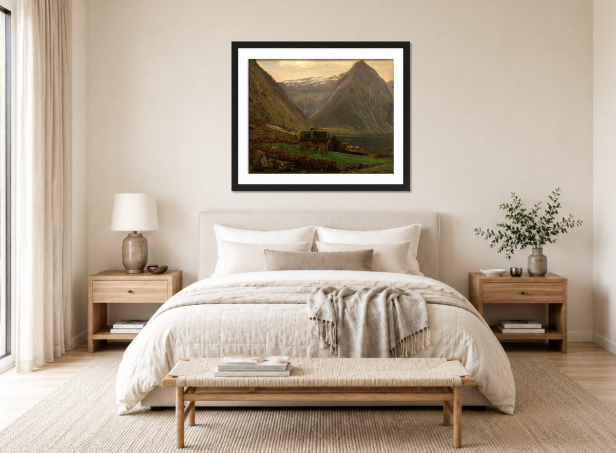 Amaldus Nielsen Print, Fra Æsefjord, Balestrand (1865) displayed above a bed